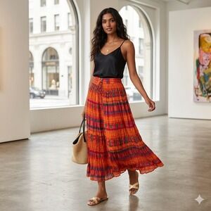PHOOL Orange Boho Cotton Crinkle Maxi Skirt Geometric Tribal Print Small India